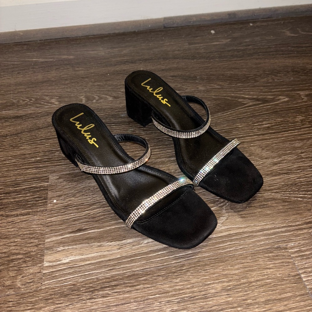 Lulu's Black Rhinestone Strap Heels - Picture 2 of 5